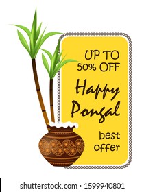 Happy Pongal festival is Hindu harvest traditionally dedicated to the Sun God Surya and celebrated by Tamils. Pongal offer and discount sticker with pot. Sale tag vector. 