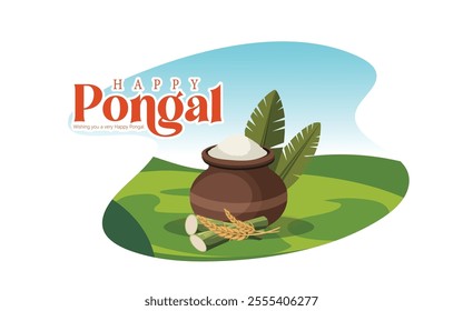 Happy Pongal festival with a joyful cow, rice pot, sugarcane, and traditional motifs, symbolizing prosperity and new beginnings. Ideal for festive greetings and cultural celebrations.