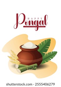 Happy Pongal festival with a joyful cow, rice pot, sugarcane, and traditional motifs, symbolizing prosperity and new beginnings. Ideal for festive greetings and cultural celebrations.