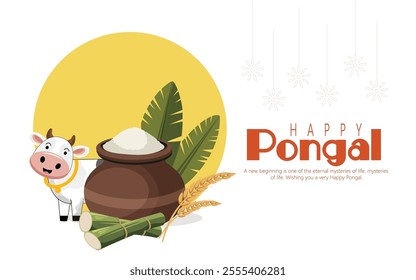 Happy Pongal festival with a joyful cow, rice pot, sugarcane, and traditional motifs, symbolizing prosperity and new beginnings. Ideal for festive greetings and cultural celebrations.