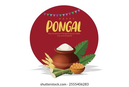 Happy Pongal festival with a joyful cow, rice pot, sugarcane, and traditional motifs, symbolizing prosperity and new beginnings. Ideal for festive greetings and cultural celebrations.