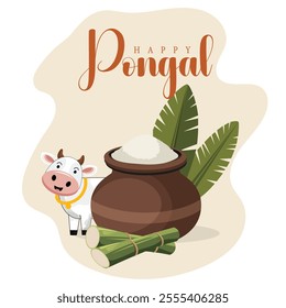 Happy Pongal festival with a joyful cow, rice pot, sugarcane, and traditional motifs, symbolizing prosperity and new beginnings. Ideal for festive greetings and cultural celebrations.