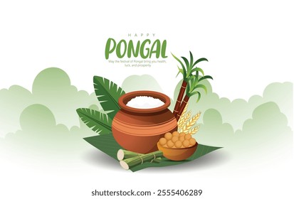 Happy Pongal festival with a joyful cow, rice pot, sugarcane, and traditional motifs, symbolizing prosperity and new beginnings. Ideal for festive greetings and cultural celebrations.