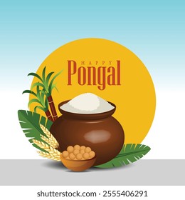 Happy Pongal festival with a joyful cow, rice pot, sugarcane, and traditional motifs, symbolizing prosperity and new beginnings. Ideal for festive greetings and cultural celebrations.