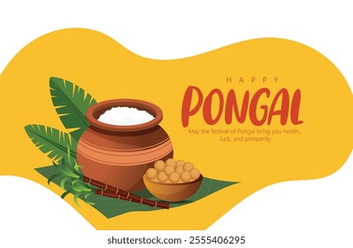 Happy Pongal festival with a joyful cow, rice pot, sugarcane, and traditional motifs, symbolizing prosperity and new beginnings. Ideal for festive greetings and cultural celebrations.