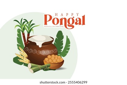 Happy Pongal festival with a joyful cow, rice pot, sugarcane, and traditional motifs, symbolizing prosperity and new beginnings. Ideal for festive greetings and cultural celebrations.