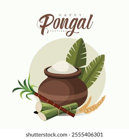 Happy Pongal festival with a joyful cow, rice pot, sugarcane, and traditional motifs, symbolizing prosperity and new beginnings. Ideal for festive greetings and cultural celebrations.