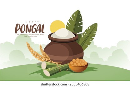 Happy Pongal festival with a joyful cow, rice pot, sugarcane, and traditional motifs, symbolizing prosperity and new beginnings. Ideal for festive greetings and cultural celebrations.