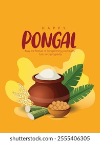 Happy Pongal festival with a joyful cow, rice pot, sugarcane, and traditional motifs, symbolizing prosperity and new beginnings. Ideal for festive greetings and cultural celebrations.