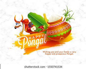 Happy Pongal festival message card design with rice mud pot, fruits, banana leaf, sugarcane, wheat ear and ox character on white marble background.