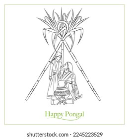 happy pongal festival mother and daughter line drawing vector