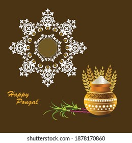 Happy Pongal festival of prosperity celebrated in southern India pongal pot with rice and rice grains and sugarcane on brown color background with rangoli design..