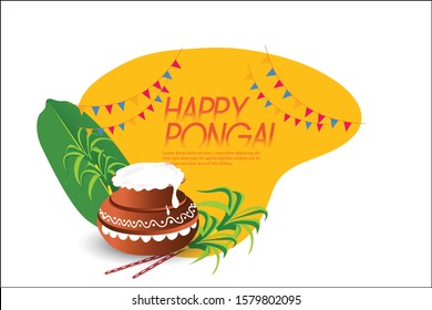 Happy Pongal Festival of Tamil Nadu South India with pot, sugarcane 