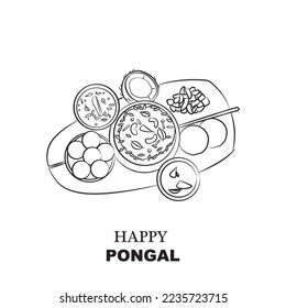 vector de dibujo de línea de plato de comida pongal feliz