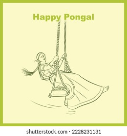 Happy Pongal Girl Swing Line Zeichnen