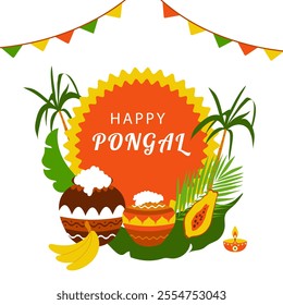 Happy Pongal. Greeting banner with traditional indian  food and clay pots of boiling rice for harvest festival  Pongal. Vector illustration in flat style on a white background.