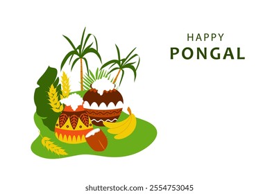 Happy Pongal. Greeting banner with traditional indian  food and clay pots of boiling rice for harvest festival  Pongal. Vector illustration in flat style on a white background.