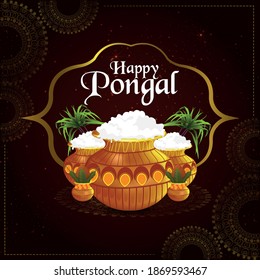 	
Happy pongal greeting card with banana leaf and mud pot