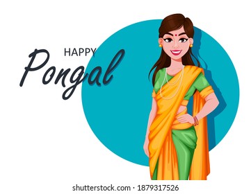 Happy Pongal greeting card with beautiful Indian girl. Makar Sankranti. Stock vector illustration