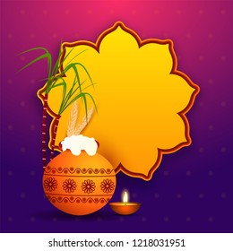 Happy Pongal greeting card design with traditional pot, sugarcane and illuminated oil lamp for South Indian harvest festival celebration.