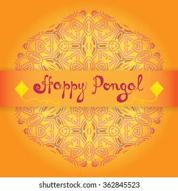 Happy Pongal greeting card. Indian harvesting festival Makar Sankranti celebration with shiny mandala on background. Vector illustration