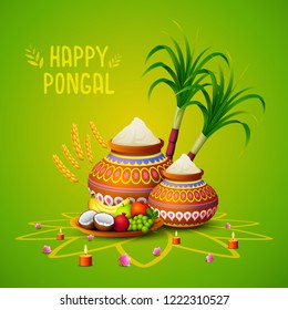 Happy Pongal Greeting Card On Green Background