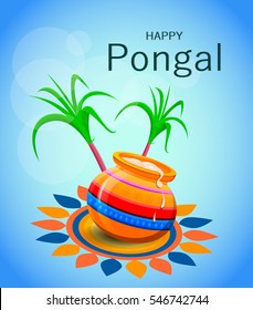 Happy Pongal greeting card on blue background. Makar sankranti. Poster. Happy Lohri. Vector illustration.