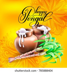 happy Pongal greeting card to south indian harvest festival, vector illustration