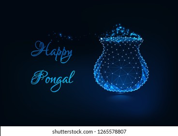 Happy Pongal greeting card template with glowing low poly pot with traditional rice meal, text on dark blue background. South Indian harvest festival. Futuristic wireframe design vector illustration. 