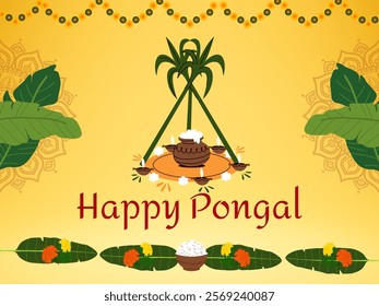 Happy Pongal greeting poster in yellow background. Rice, pot, banana leaf, flowers garland. Pongal festival post, Vector illustration, South Indian Culture concept, Red color text.