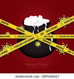 Happy Pongal greetings illustration in the pandemic. Pandemic Pongal. covid 19, corona virus concept. yellow stripes.