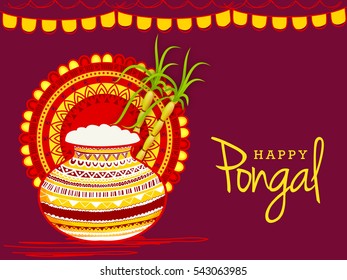 Happy Pongal hand drawn traditional pot with decorated background.