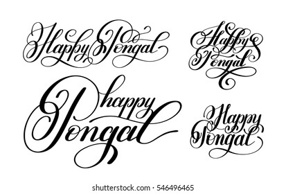 happy pongal handwritten ink lettering set inscription to occasion of south Indian harvesting festival holiday design, greeting card, poster, celebration, calligraphy vector illustration collection