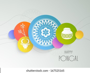 Happy Pongal, harvest festival celebration in South India with colorful stickers on grey background. 