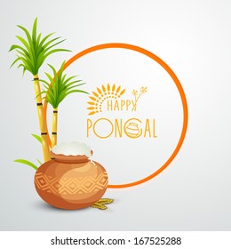 Happy Pongal, harvest festival celebration in South India with pongal rice in a traditional mud pot and sugarcane on grey background.