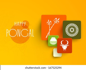 Happy Pongal, harvest festival celebration in South India with colorful stickers on bright yellow background. 