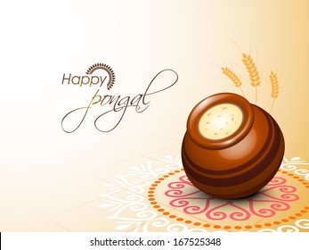 Happy Pongal, harvest festival celebration in South India with pongal rice in a traditional mud pot on beautiful floral design called rangoli.