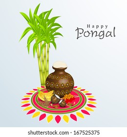 Feliz Pongal, celebração de festival de colheita no Sul da Índia com arroz pongal em um pote de lama tradicional e cana de açúcar em belo design floral chamado rangoli.