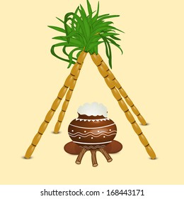 Happy Pongal, harvest festival celebration in South India with pongal rice in a traditional mud pot and sugarcane's on abstract  background. 