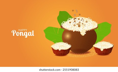 Happy Pongal harvest festival in India celebrate background. Sweet Rice dish. Template for celebration postcard discount banner flyer. Vector illustration.