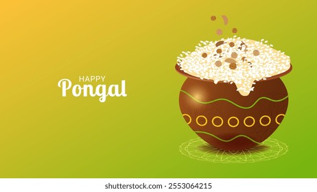 Feliz festival da colheita de Pongal na Índia comemora o fundo. Prato de arroz doce. Modelo para folheto de banner de desconto de cartão postal de comemoração. Ilustração vetorial.
