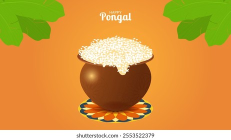 Happy Pongal harvest festival in India celebrate background. Sweet Rice dish. Palm leaves. Template for celebration postcard discount banner flyer. Vector illustration.