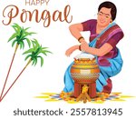 Happy Pongal Harvest Festival of Tamil Nadu woman making Pongal