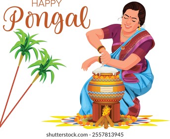 Happy Pongal Harvest Festival of Tamil Nadu woman making Pongal