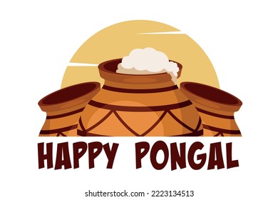 Happy Pongal harvest india religious festival celebration card with clay pot with sun background