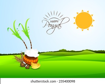 Happy Pongal, harvesting festival celebrations in South India with rice in traditional mud pot, sugarcane, wheat grain and fruits on nature view background. 