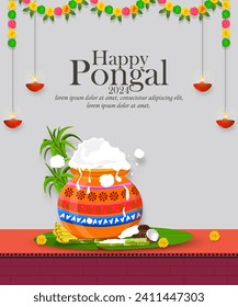 Happy Pongal holiday festival of India greeting card design with Pongal pot.