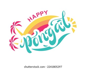 Happy Pongal Holiday Harvest Festival of Tamil Nadu South India. Hand lettering typography, modern brush ink calligraphy. Vector illustration for greeting card, poster, banner, social media post