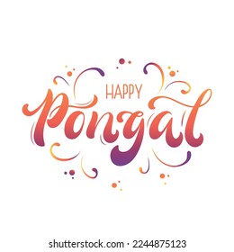 Feliz Festival de la Cosecha de la Fiesta Pongal de Tamil Nadu Sur de India. Tipografía con letras manuales, caligrafía moderna de tinta de pincel. Ilustración vectorial para tarjeta de saludo, afiche, cartel, publicación en medios sociales