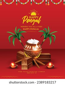 Happy Pongal Holiday Harvest Festival of Tamil Nadu South India background with traditional pot 
